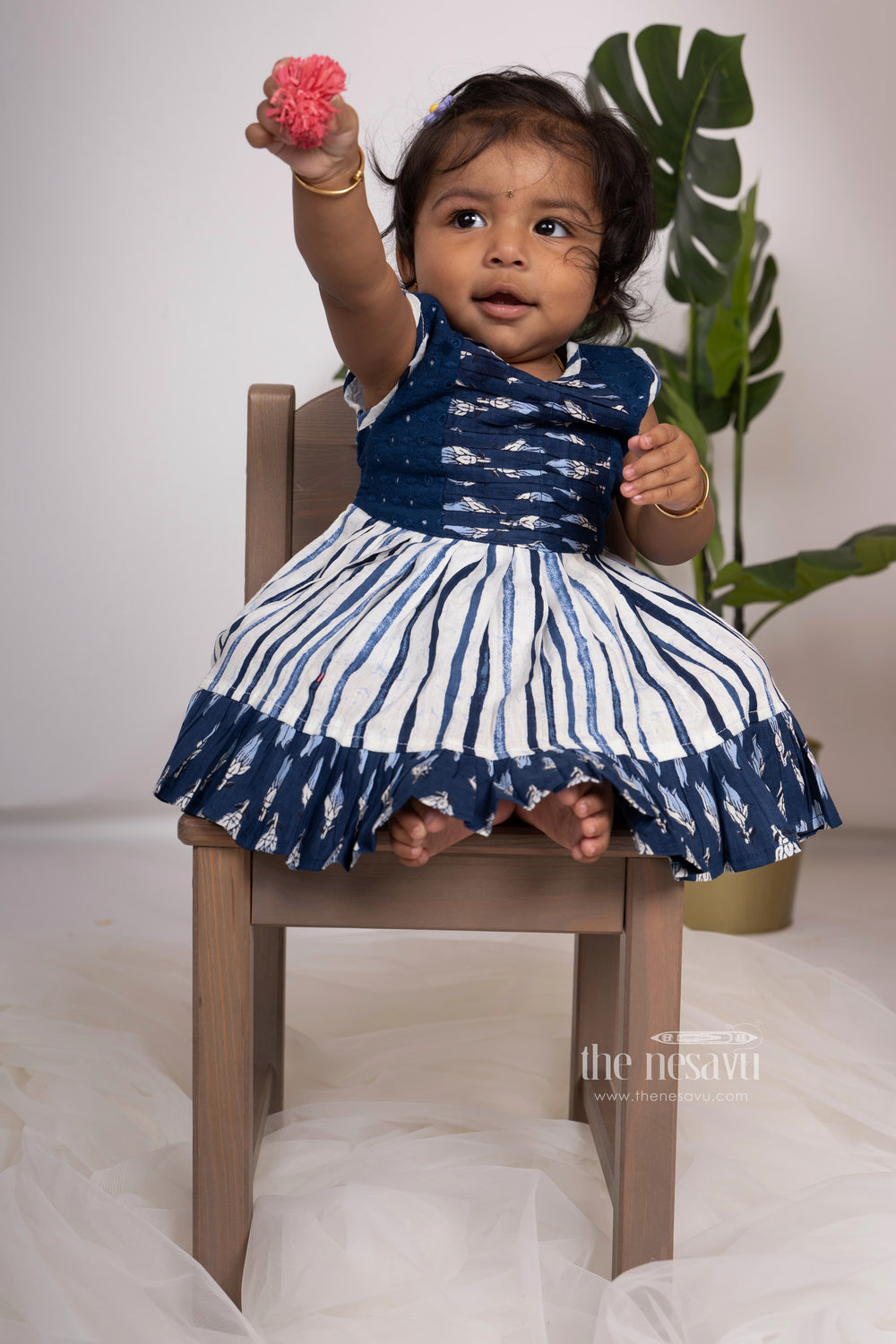 The Nesavu Baby Frock / Jhabla Navy Blue Pin-Tucked Pleated Designer Ruffle Ended Cotton Gown For Baby Girls psr silks Nesavu