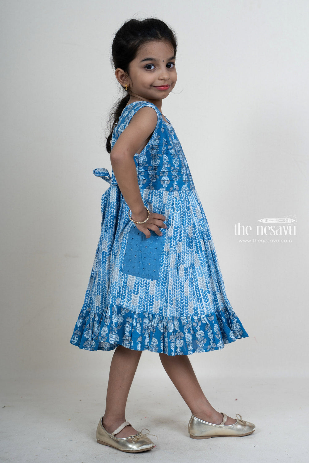 The Nesavu Frocks & Dresses Navy Blue Pin-Tucked Printed Pocket Frock For Girls With Ruffled Hem psr silks Nesavu