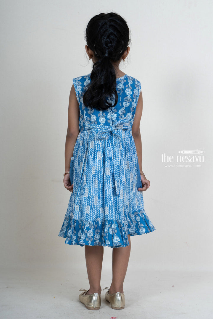 The Nesavu Frocks & Dresses Navy Blue Pin-Tucked Printed Pocket Frock For Girls With Ruffled Hem psr silks Nesavu
