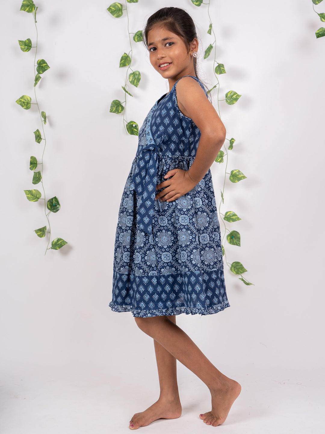 The Nesavu Frocks & Dresses Navy Blue Side Yoke Tie-up Soft Cotton Gown For Girls Kids psr silks Nesavu