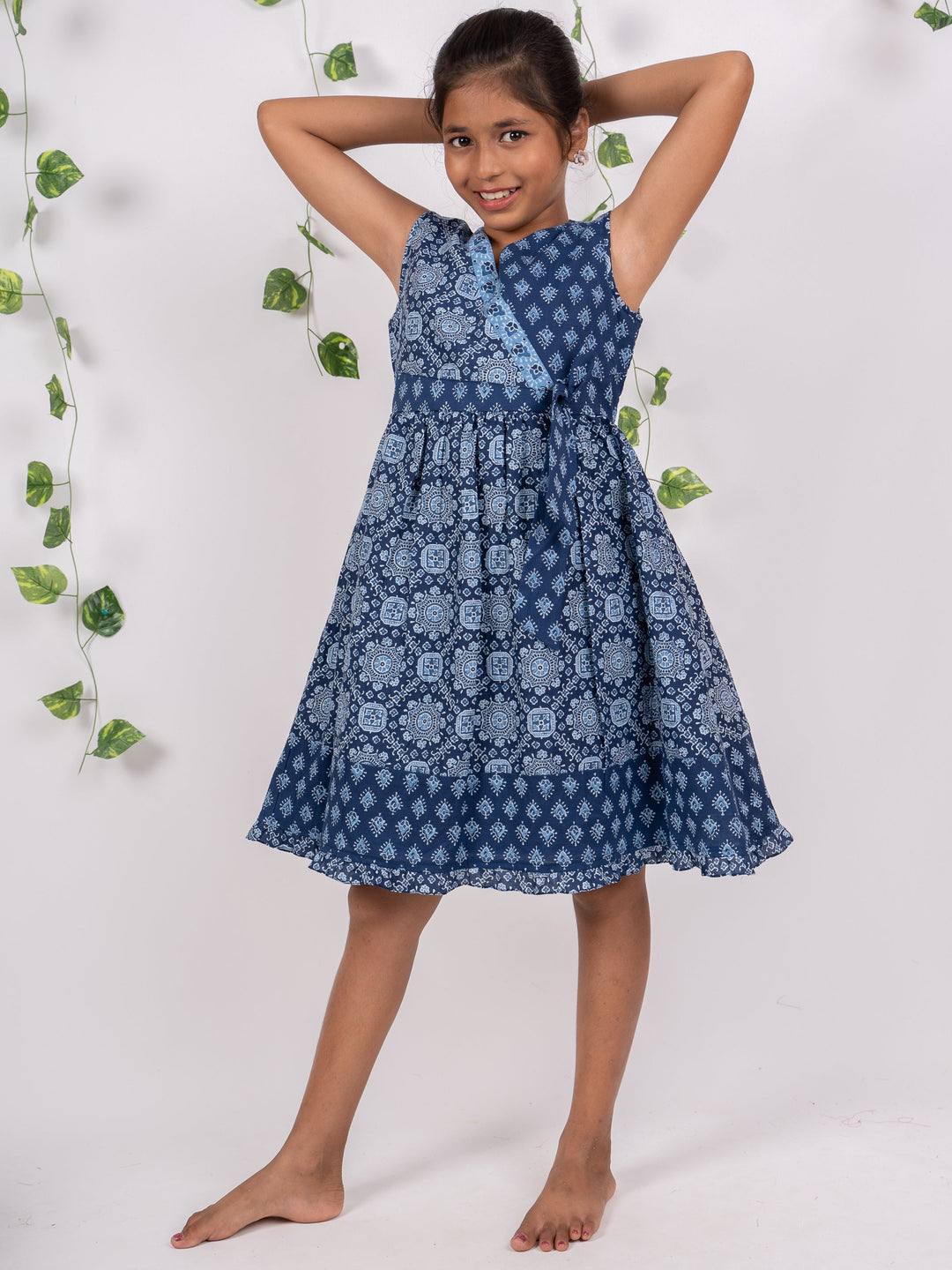 The Nesavu Frocks & Dresses Navy Blue Side Yoke Tie-up Soft Cotton Gown For Girls Kids psr silks Nesavu