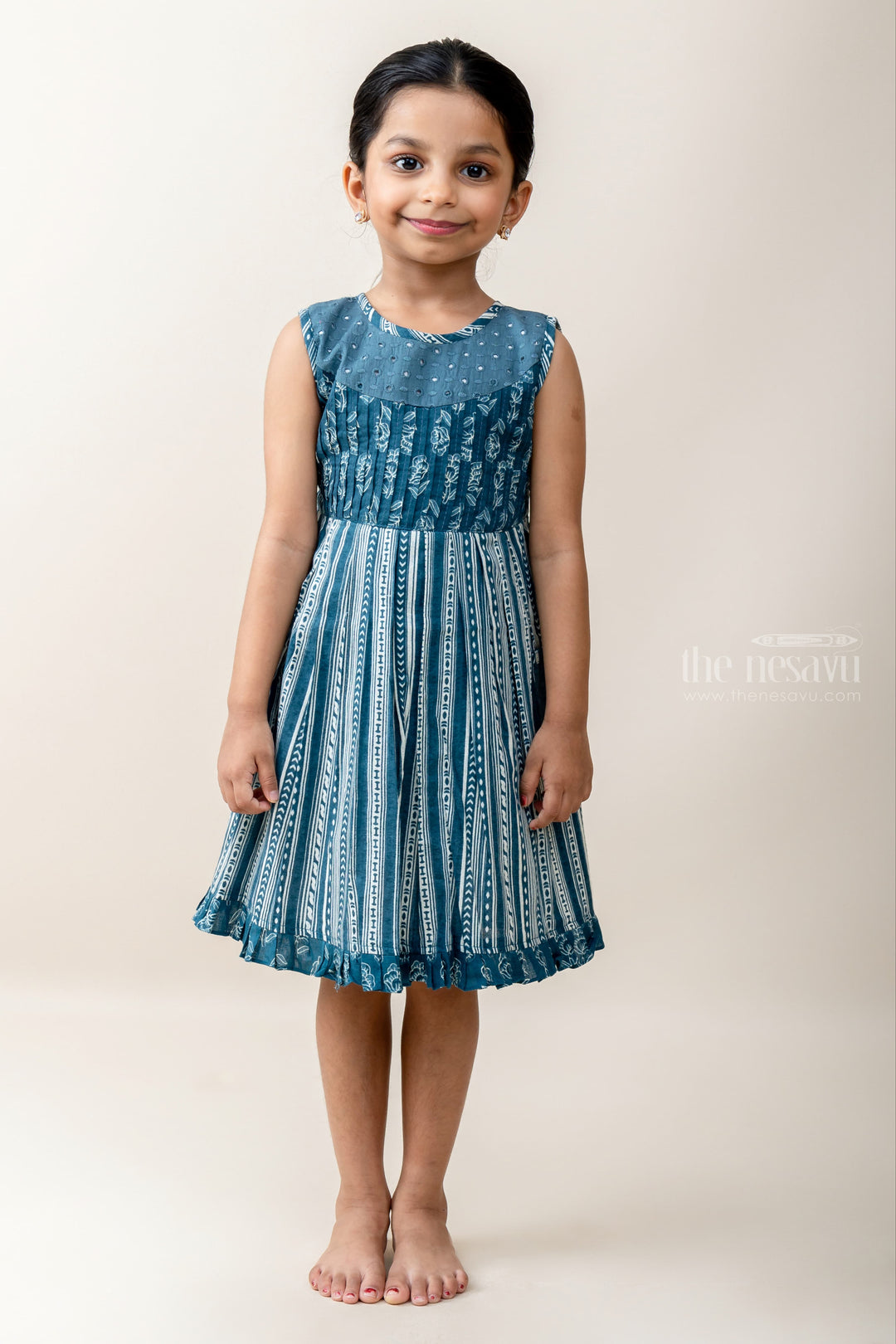 The Nesavu Frocks & Dresses Navy Blue Soft Cotton Comfy Collection For Baby Girls With Pockets psr silks Nesavu 14 (6M) / gray GFC942B