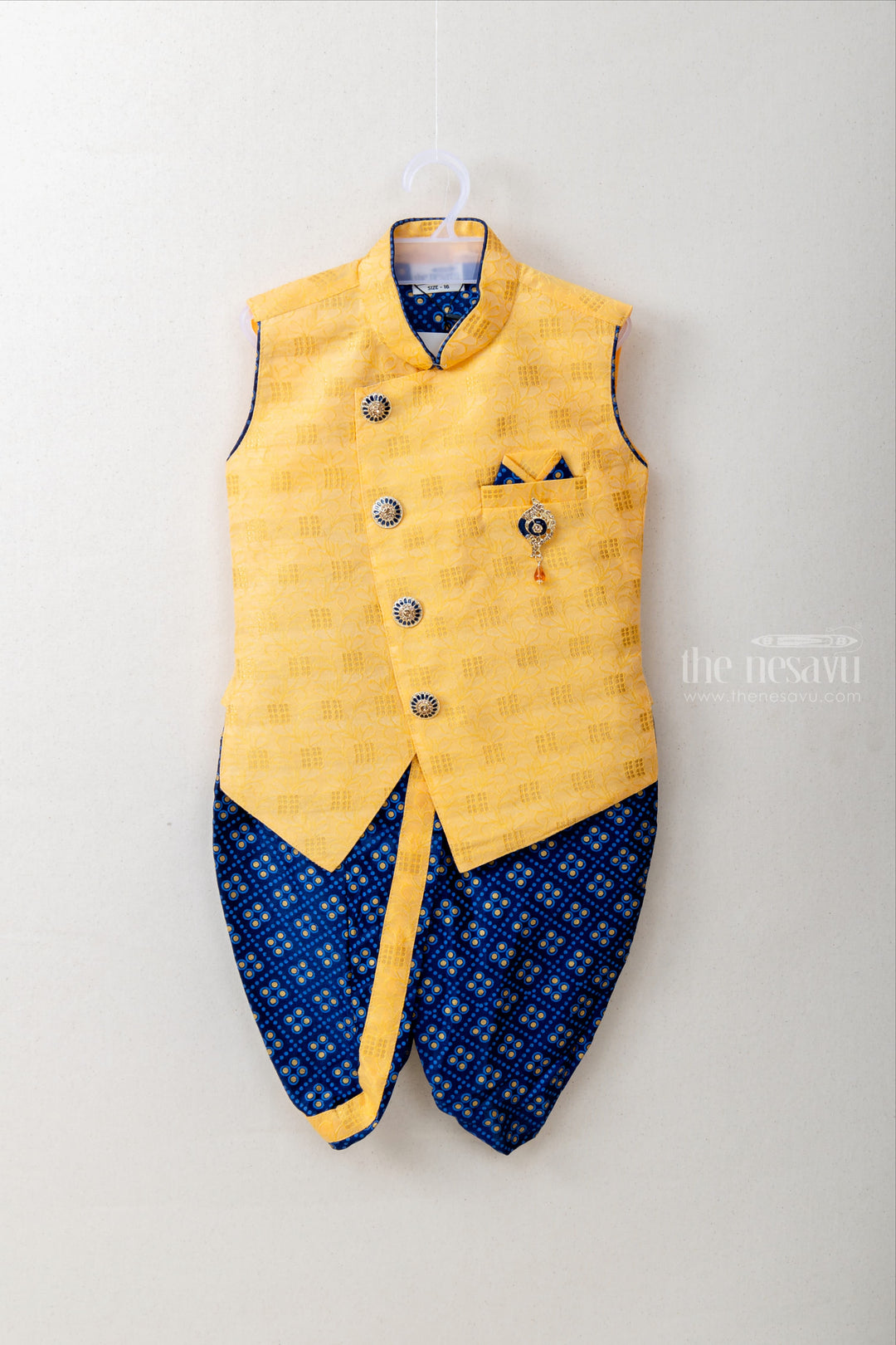 The Nesavu Ethnic Sets Navy Sleeveless Ethnic Jacket and Bhandini Printed Yellow Panchakacham Set for Boys psr silks Nesavu 12 (3M) / Navy BES90C