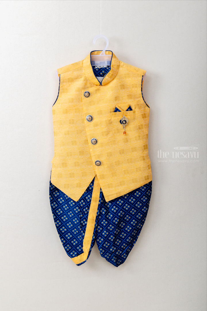 The Nesavu Ethnic Sets Navy Sleeveless Ethnic Jacket and Bhandini Printed Yellow Panchakacham Set for Boys psr silks Nesavu 12 (3M) / Navy BES90C
