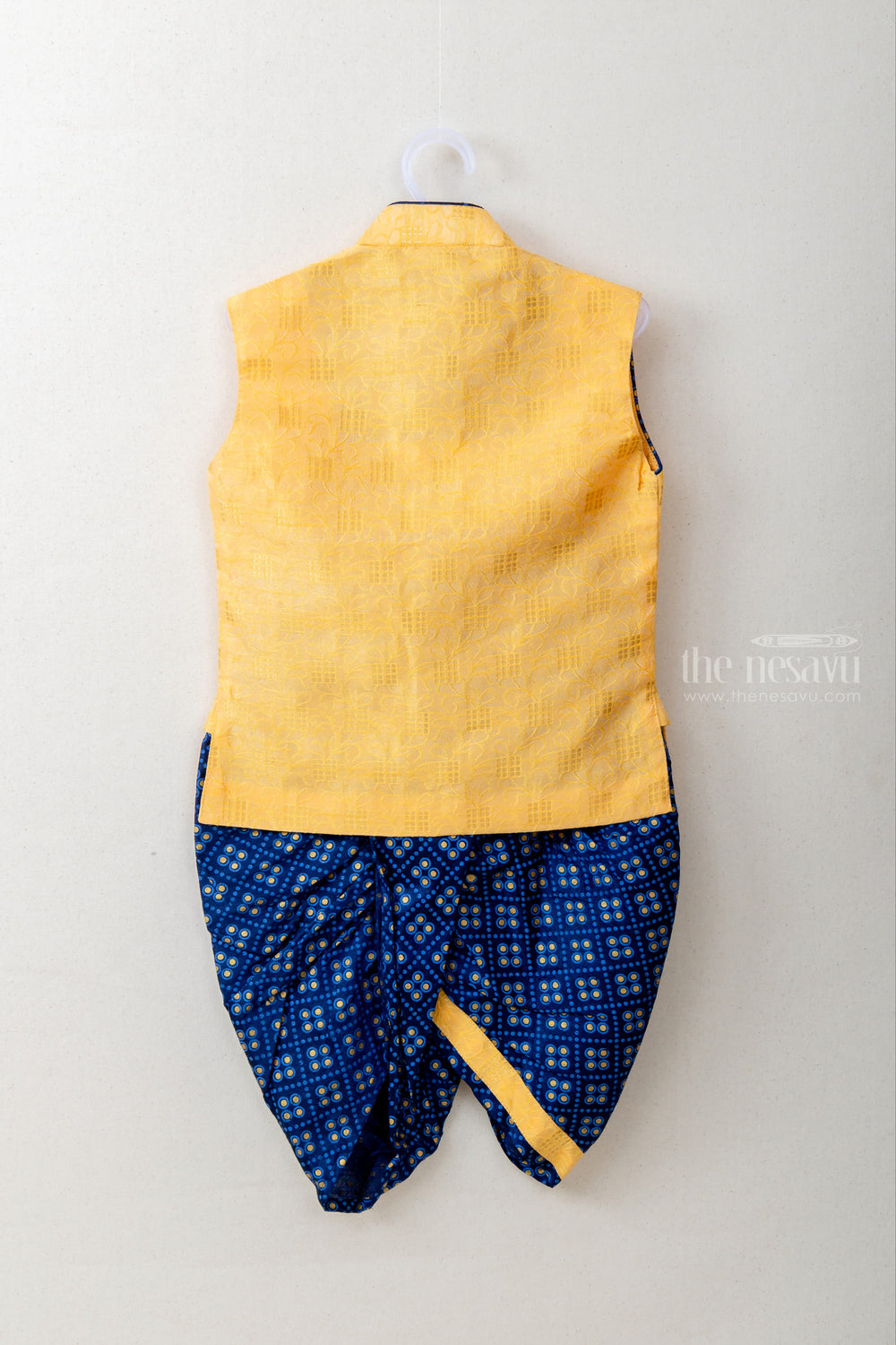 The Nesavu Ethnic Sets Navy Sleeveless Ethnic Jacket and Bhandini Printed Yellow Panchakacham Set for Boys psr silks Nesavu
