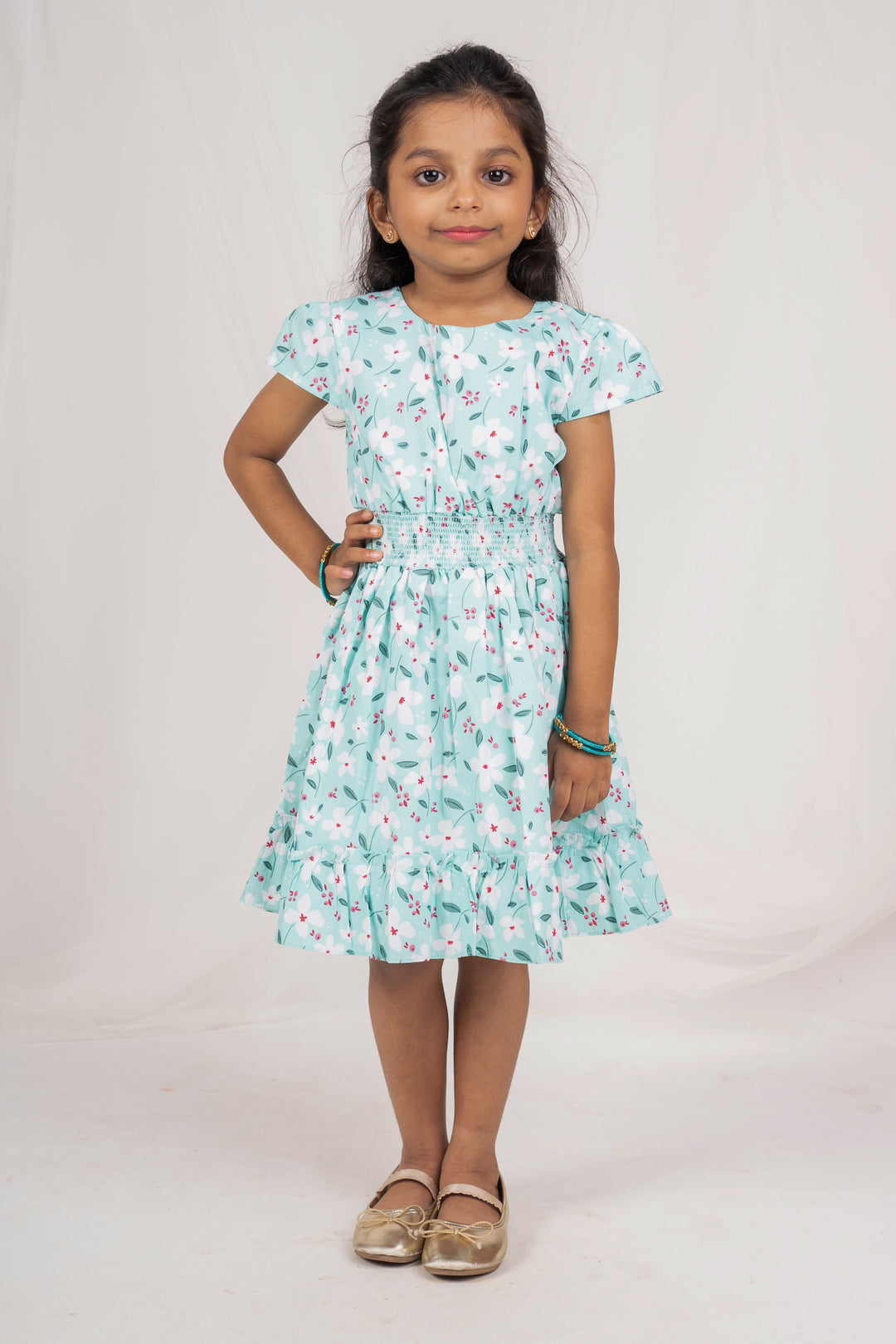 The Nesavu Frocks & Dresses New Designer Elastic Waist Soft Cotton Frock For Baby Girls psr silks Nesavu 18 (2Y) / Green GFC828