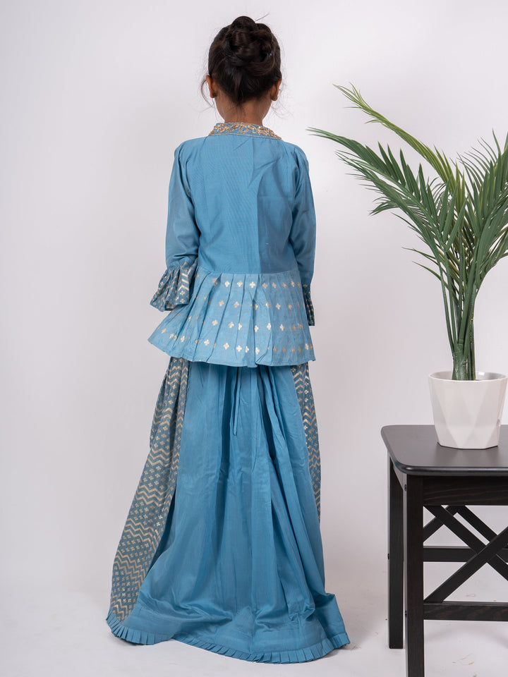 The Nesavu Kids Anarkali Ocean Blue Designer Ethnic Wear With Fancy Over Coat psr silks Nesavu