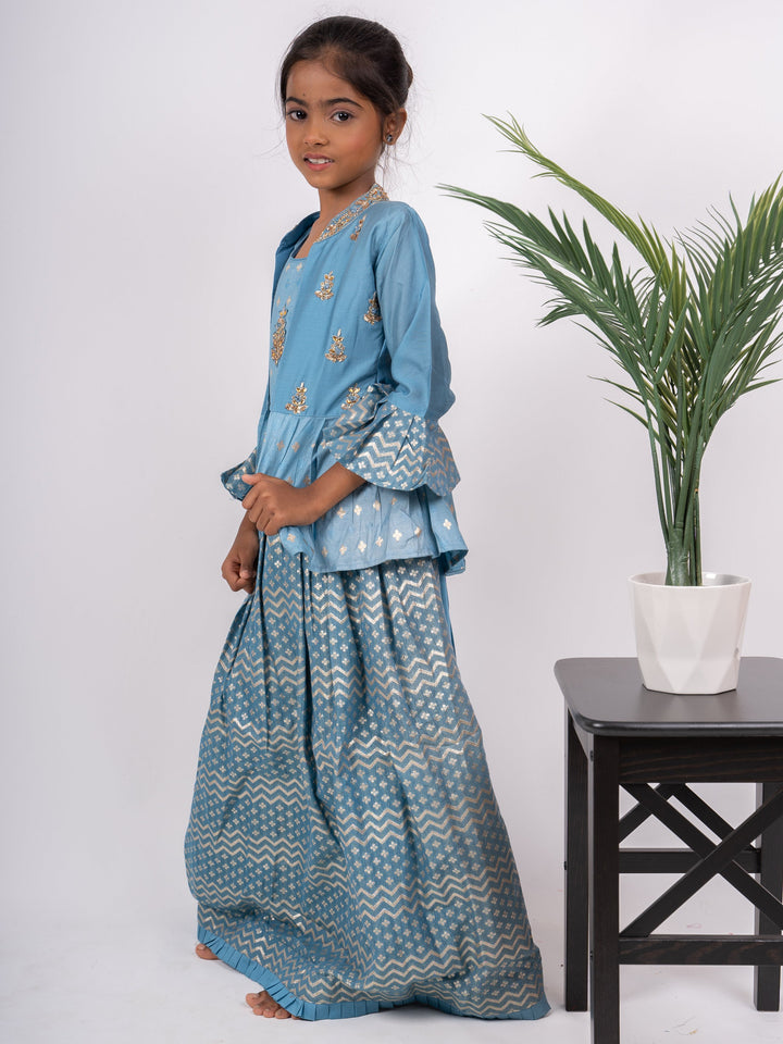 The Nesavu Kids Anarkali Ocean Blue Designer Ethnic Wear With Fancy Over Coat psr silks Nesavu