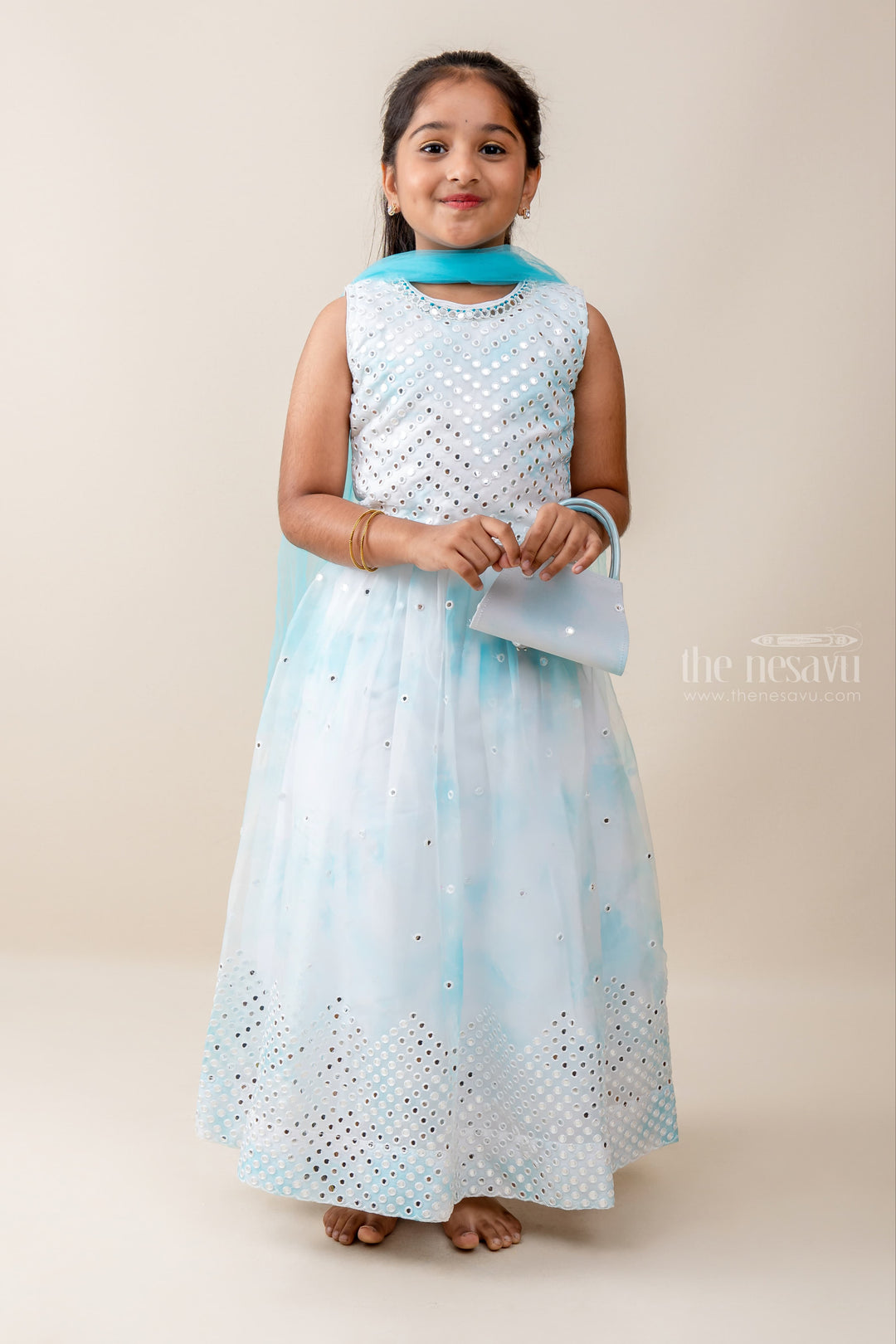 The Nesavu Lehenga & Ghagra Ocean Splash - Light Blue Mirror Embedded Crop Top And Shirt For Girls psr silks Nesavu 16 (1Y ) / LightCyan GL294B