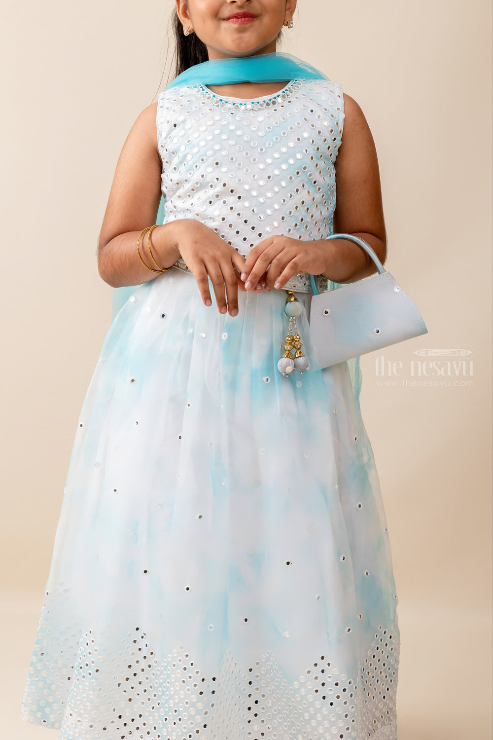 The Nesavu Lehenga & Ghagra Ocean Splash - Light Blue Mirror Embedded Crop Top And Shirt For Girls psr silks Nesavu