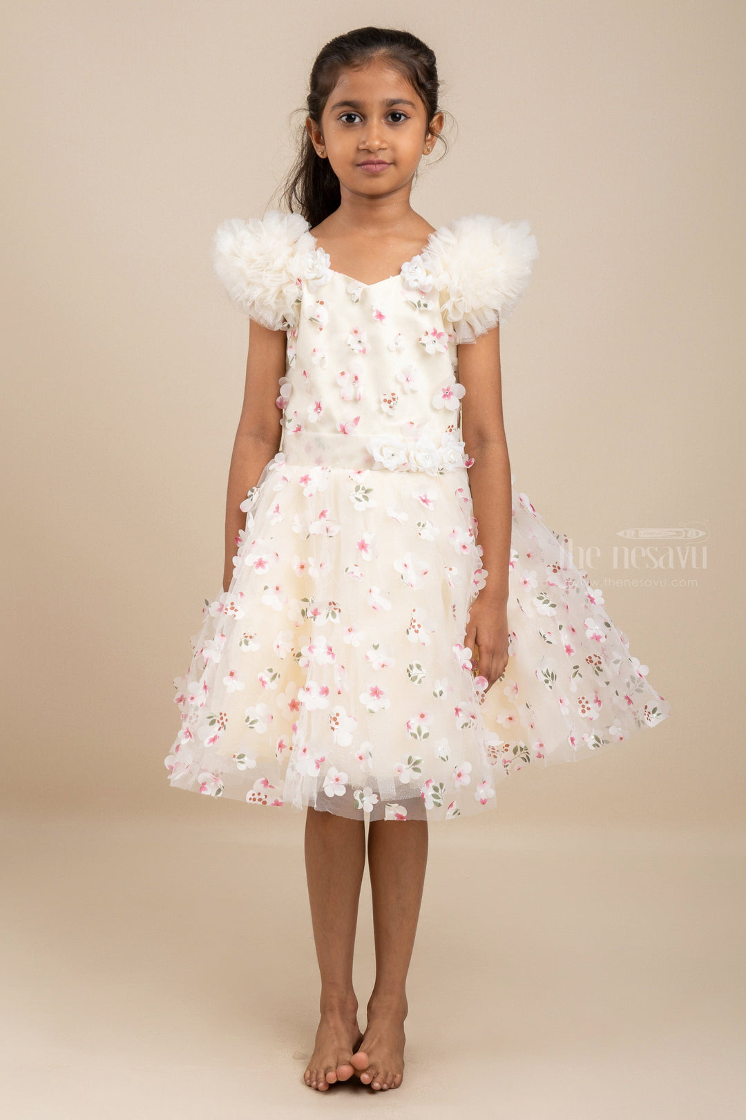 The Nesavu Party Frock Off White Floral Designer Tutu Frock For Baby Girls psr silks Nesavu 16 (1Y) / Beige PF94C
