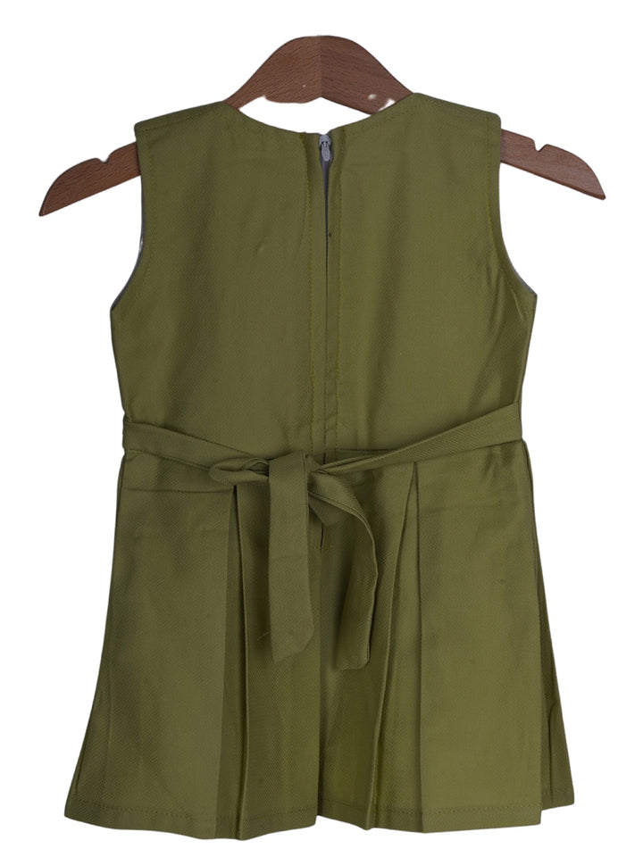 The Nesavu Baby Frock / Jhabla Olive Green Box Pleated Embroidery Soft Cotton Frock psr silks Nesavu