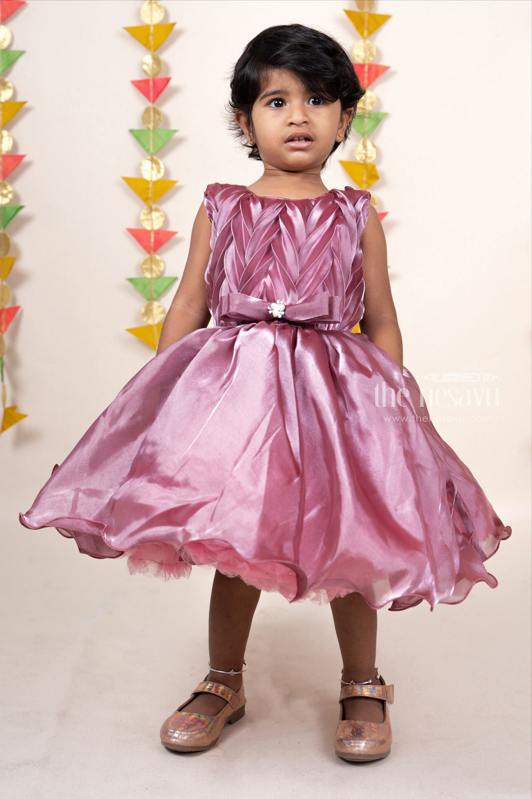 The Nesavu Party Frock Onion Pink Elegant Shining Pin-Tucked Party Gown For Baby Girls psr silks Nesavu 16 (1Y) / PaleVioletRed PF71B