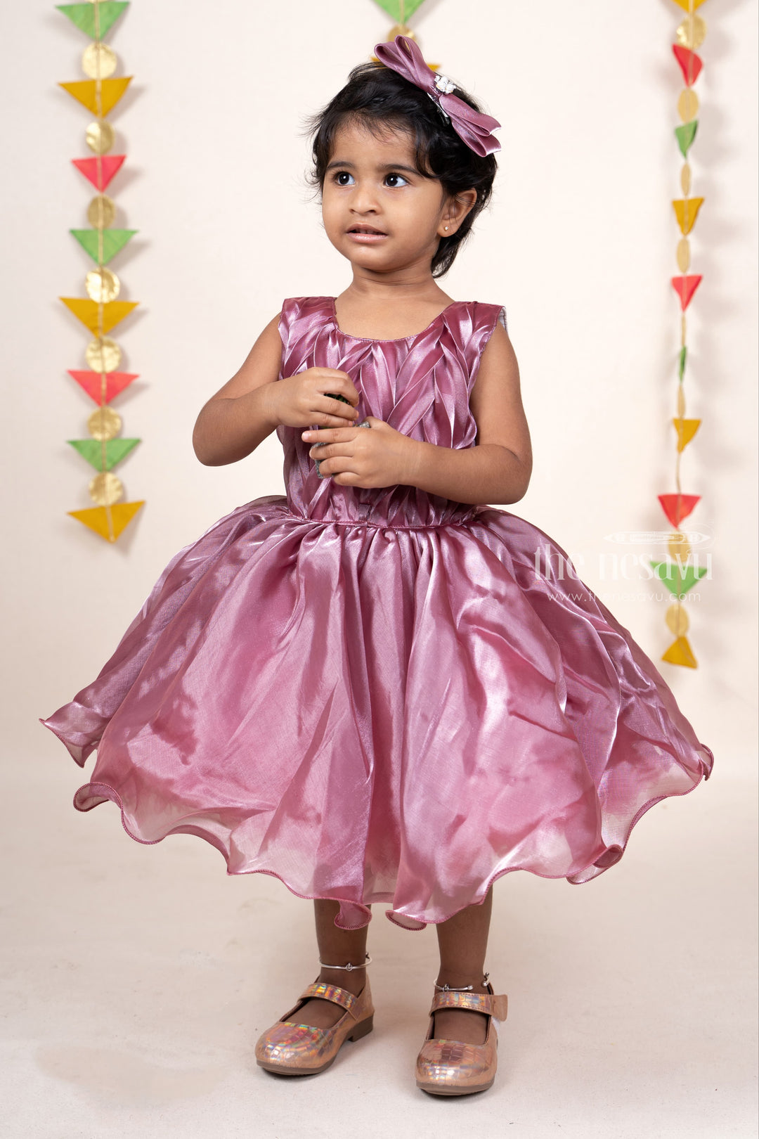 The Nesavu Party Frock Onion Pink Elegant Shining Pin-Tucked Party Gown For Baby Girls psr silks Nesavu