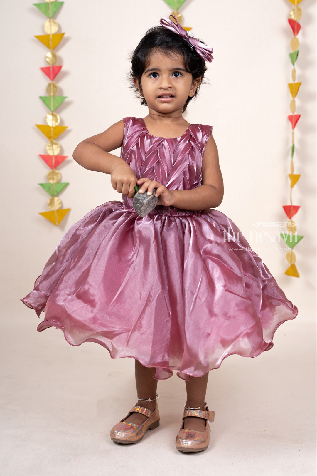 The Nesavu Party Frock Onion Pink Elegant Shining Pin-Tucked Party Gown For Baby Girls psr silks Nesavu