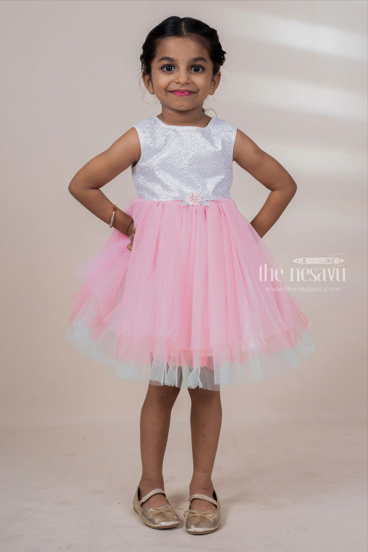 The Nesavu Party Frock Onion Pink Sequenced Yoke Soft Net Party Gown For Baby Girls psr silks Nesavu 16 (1Y) / Pink PF68
