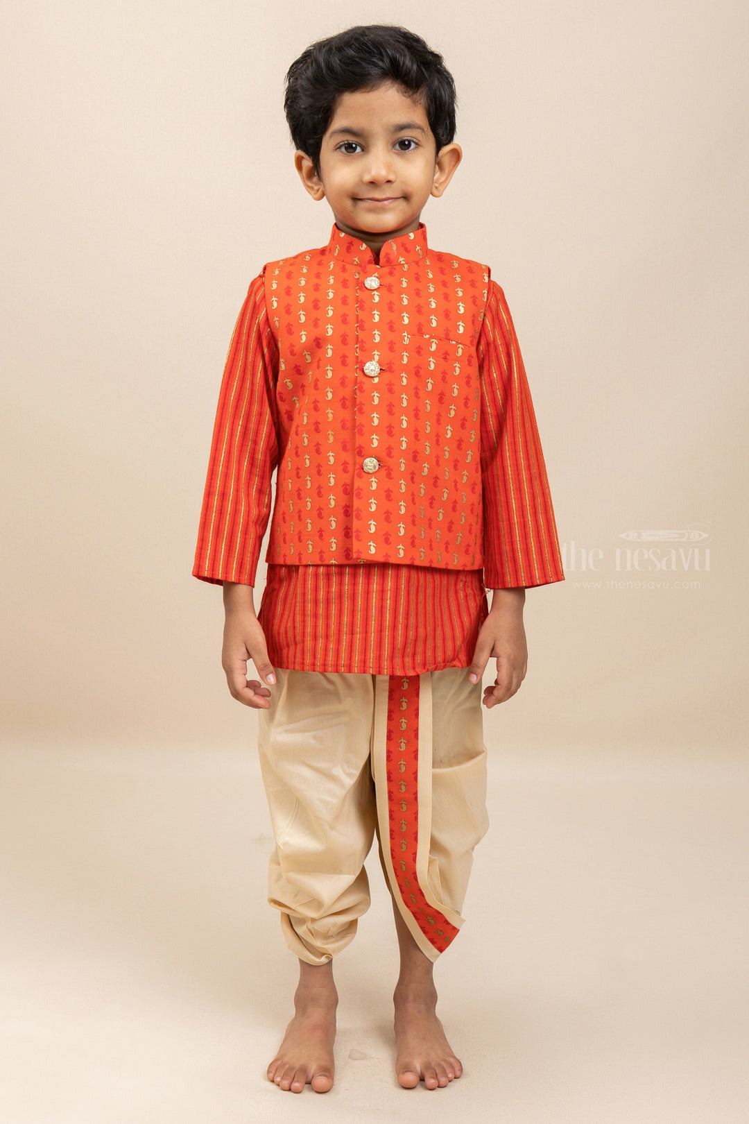 The Nesavu Ethnic Sets Opulent Orange Red Kurta With Overcoat And Half-White Dhoti For Little Boys psr silks Nesavu 14 (6M) / Orange BES248
