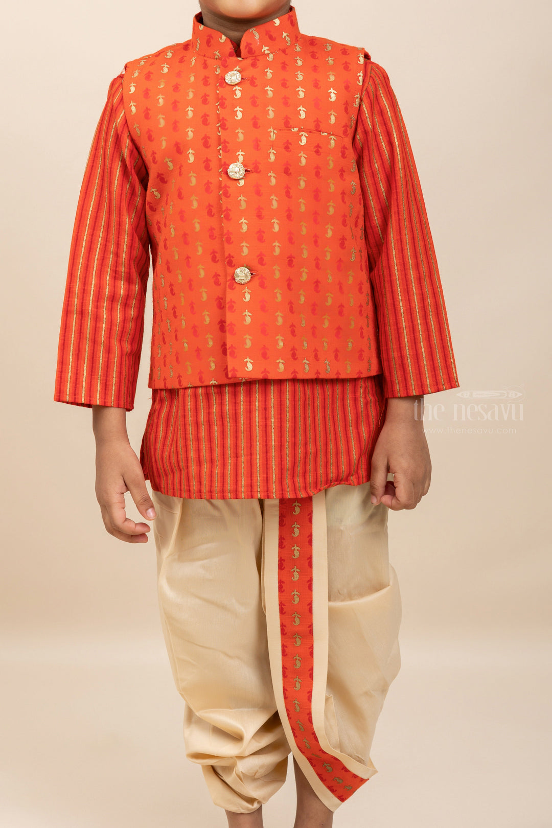 The Nesavu Ethnic Sets Opulent Orange Red Kurta With Overcoat And Half-White Dhoti For Little Boys psr silks Nesavu