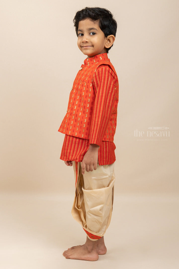 The Nesavu Ethnic Sets Opulent Orange Red Kurta With Overcoat And Half-White Dhoti For Little Boys psr silks Nesavu