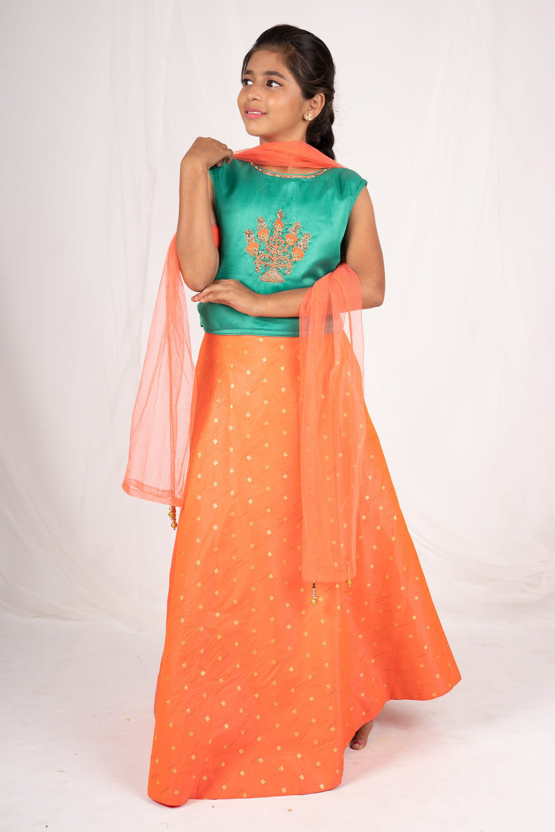 The Nesavu Lehenga & Ghagra Orange Golden Print Raw Silk Skirt With Dark Green Designer Top psr silks Nesavu 16 (1Y) / Red GL117