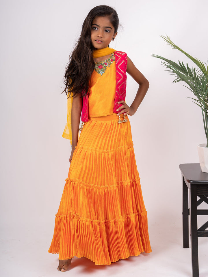 The Nesavu Lehenga & Ghagra Orange Lehenga With Hand Embroidery Yellow Blouse With Pink Over Coat psr silks Nesavu 18 (2Y-3Y) / Orange GL113