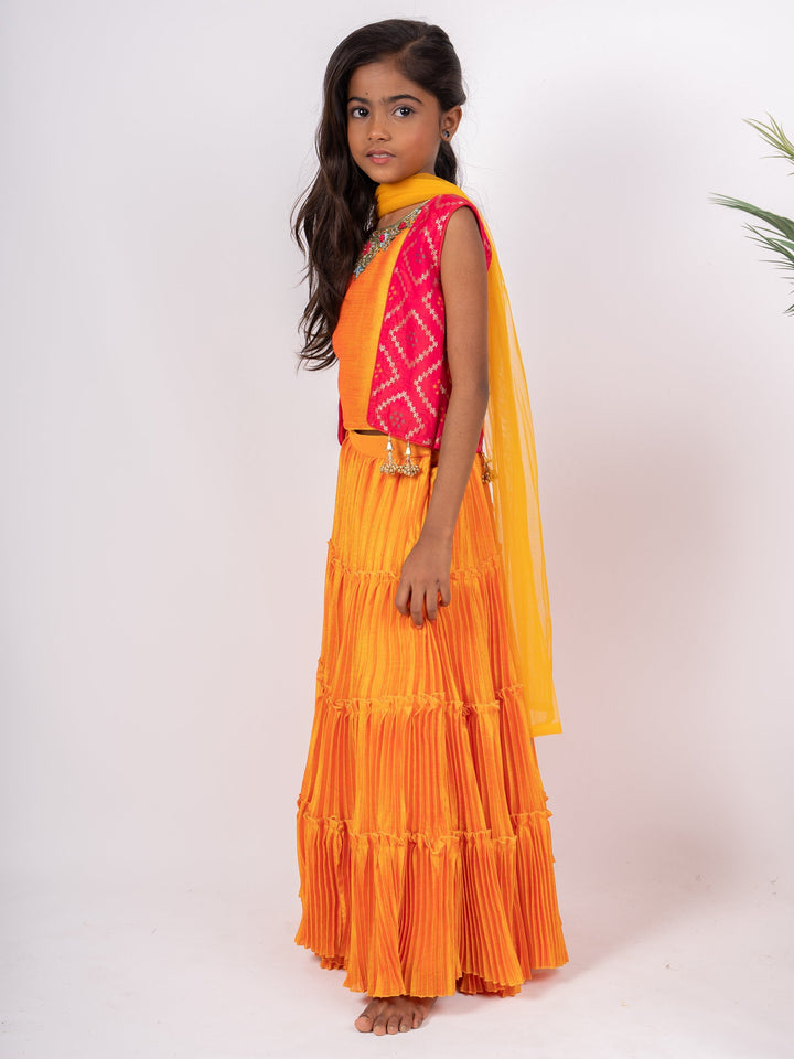 The Nesavu Lehenga & Ghagra Orange Lehenga With Hand Embroidery Yellow Blouse With Pink Over Coat psr silks Nesavu