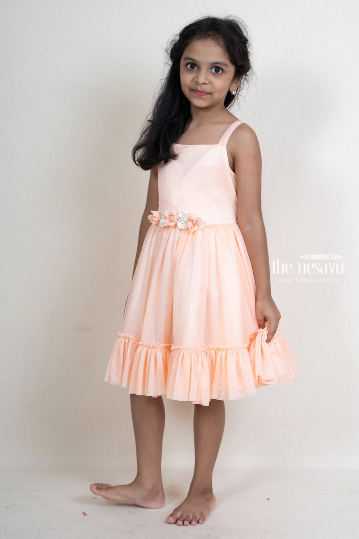 The Nesavu Party Frock orange self textured party gown with ruffled hem and floral embellishments psr silks Nesavu 16 (1Y) / Lightsalmon PF82B