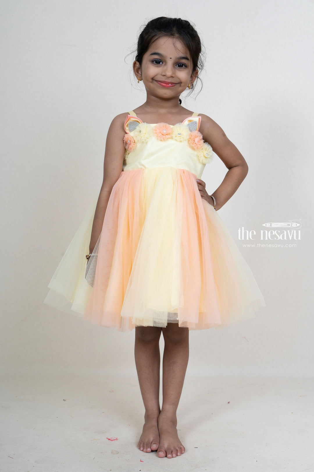 The Nesavu Party Frock Orange With Pink Pretty Party Wear For Girls With Floral Trims psr silks Nesavu