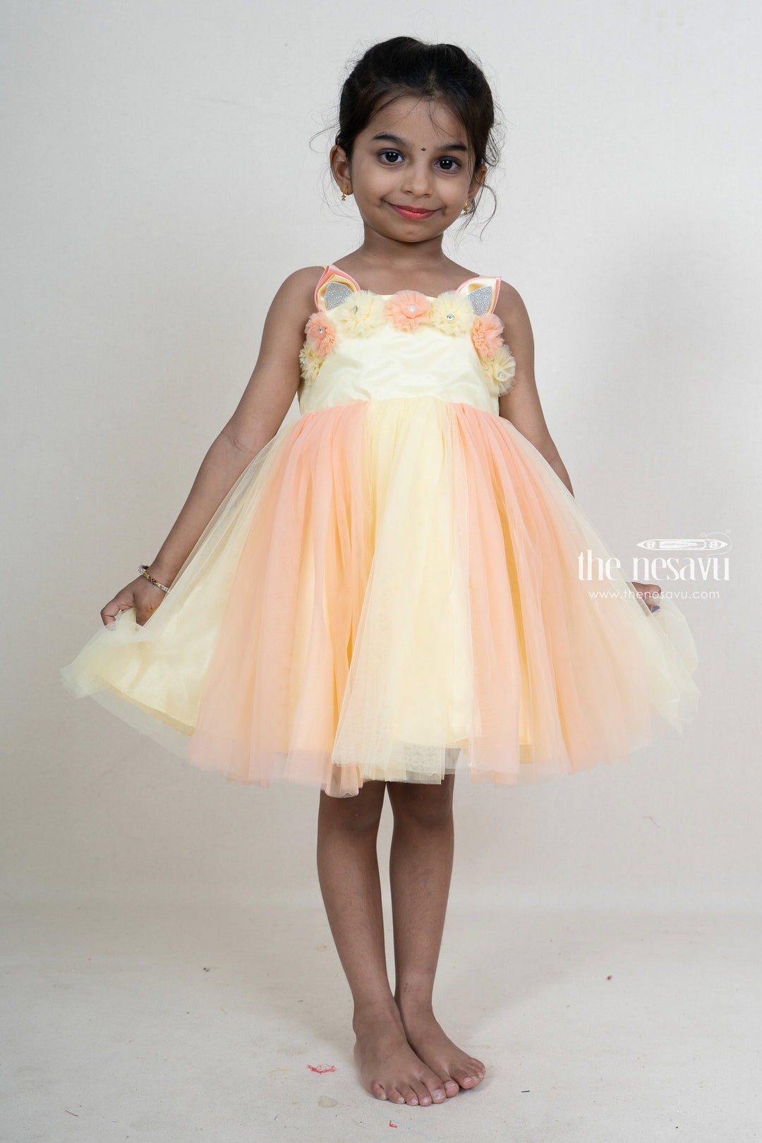The Nesavu Party Frock Orange With Pink Pretty Party Wear For Girls With Floral Trims psr silks Nesavu