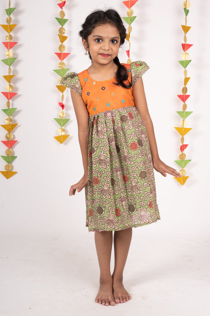 The Nesavu Frocks & Dresses Orange With Pista Green Kalamkari Print Semi-Cotton Frock psr silks Nesavu 12 (3M) / seagreen GFC761
