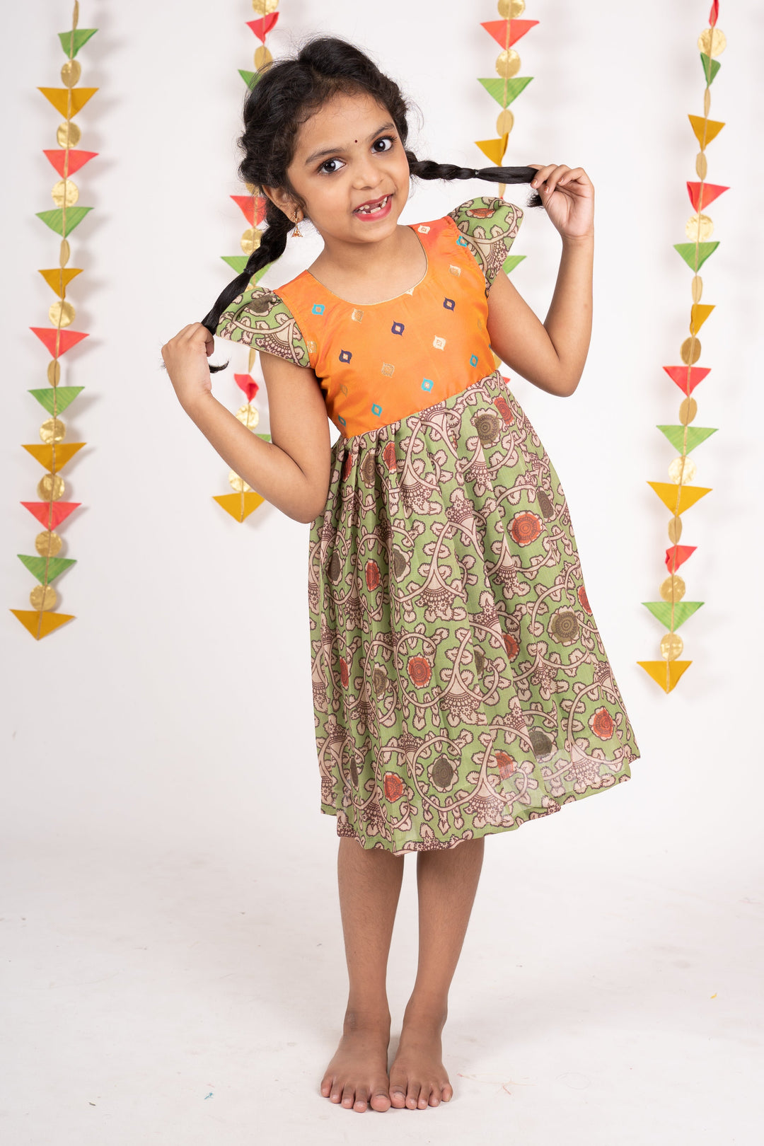 The Nesavu Frocks & Dresses Orange With Pista Green Kalamkari Print Semi-Cotton Frock psr silks Nesavu