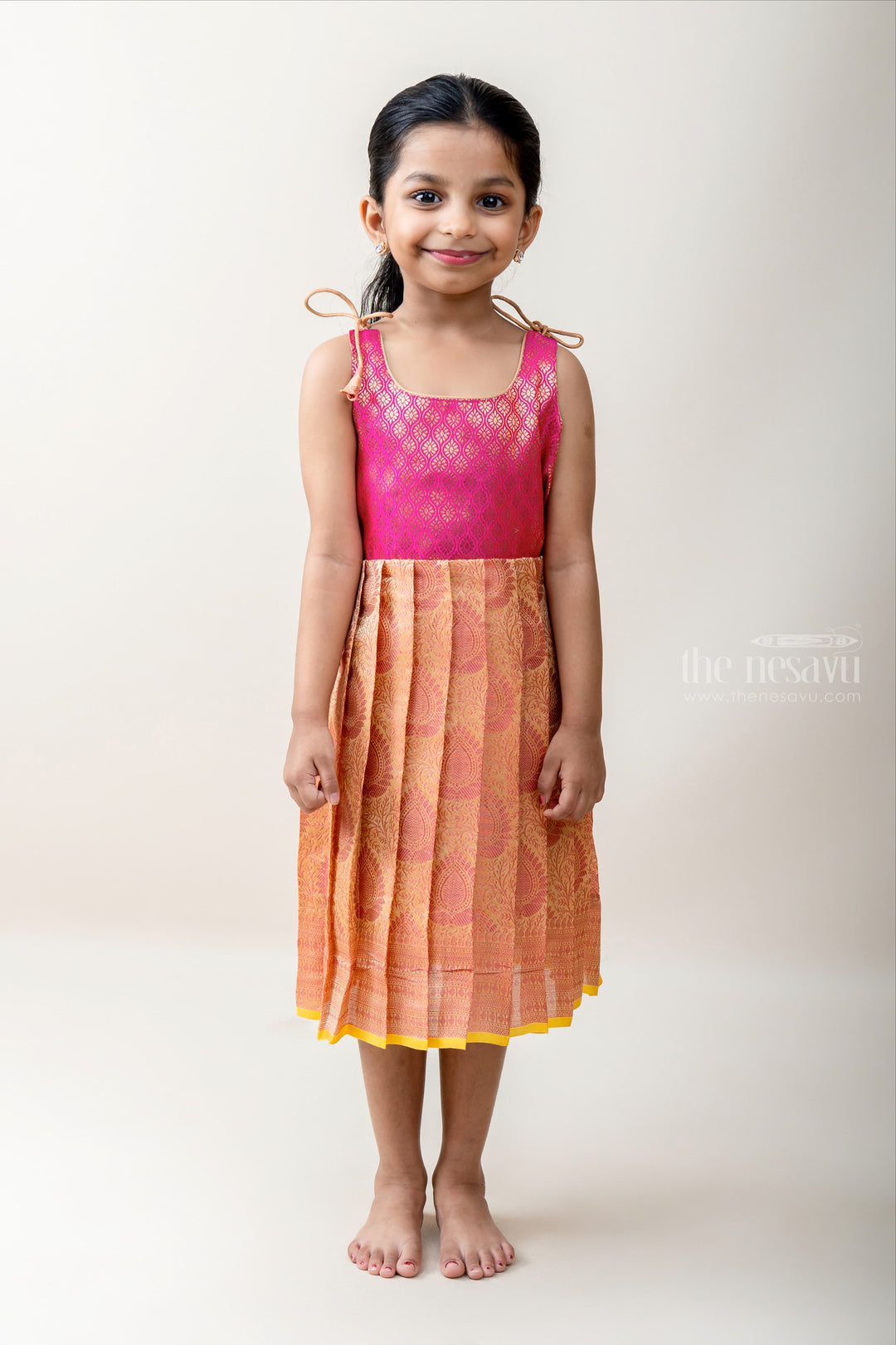 The Nesavu Tie-up Frock Organza Banarasi Mixed Tie-up Frock in Golden Peach Color psr silks Nesavu 14 (6M) / coral T251A