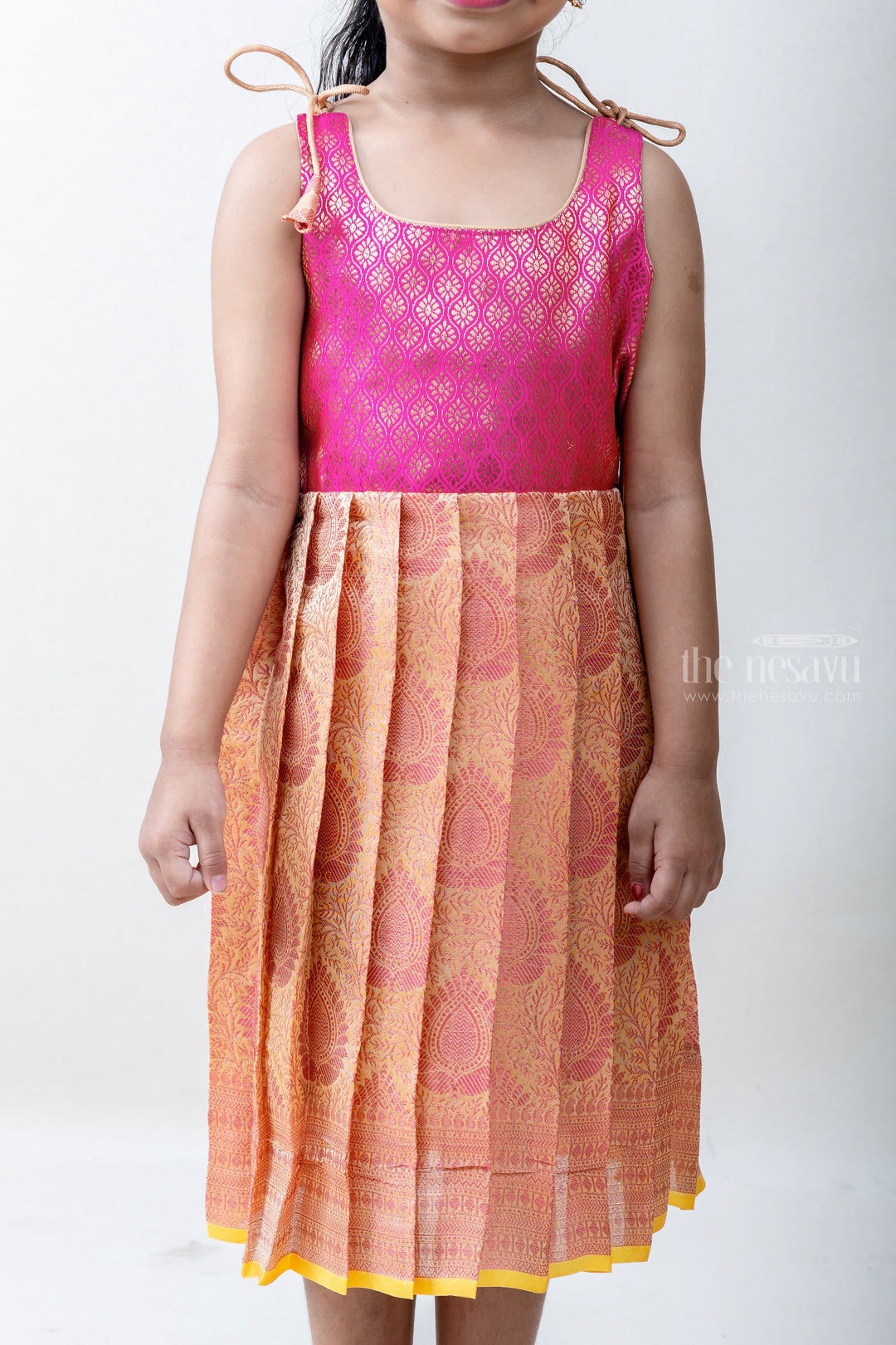 The Nesavu Tie-up Frock Organza Banarasi Mixed Tie-up Frock in Golden Peach Color psr silks Nesavu