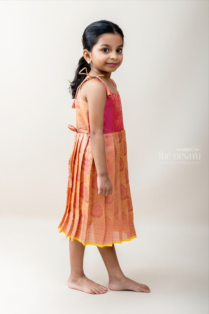 The Nesavu Tie-up Frock Organza Banarasi Mixed Tie-up Frock in Golden Peach Color psr silks Nesavu