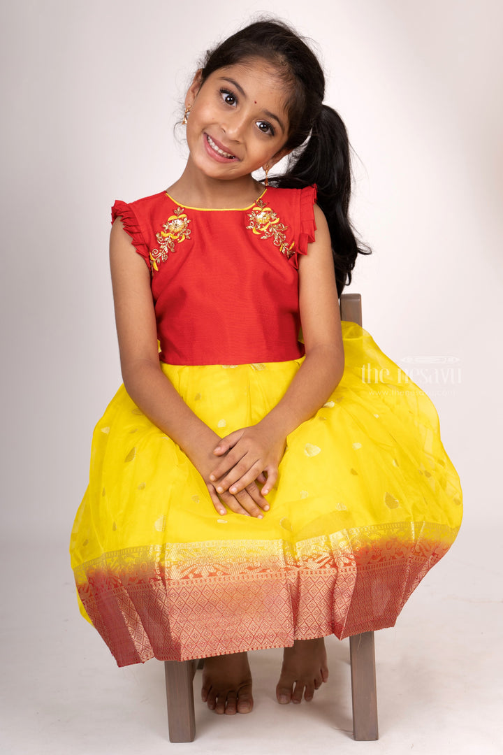 The Nesavu Silk Frocks Organza Jacquard Pattu Frock With Hand Embroidered Neck For First Birthday psr silks Nesavu 12 (3M) / Yellow SF111
