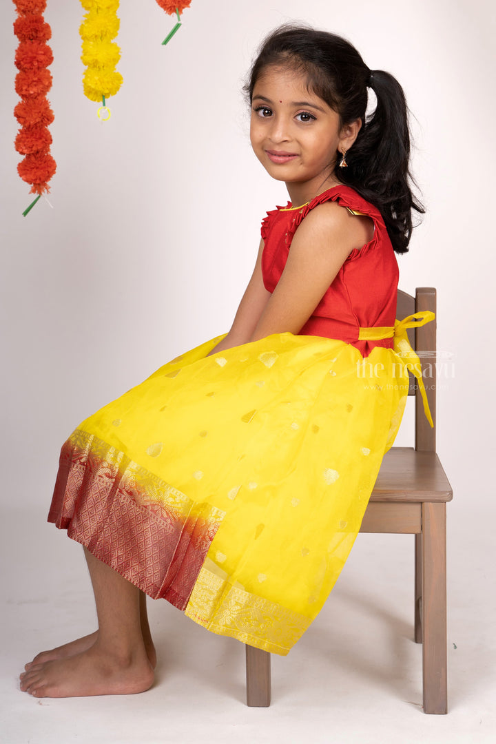 The Nesavu Silk Frocks Organza Jacquard Pattu Frock With Hand Embroidered Neck For First Birthday psr silks Nesavu