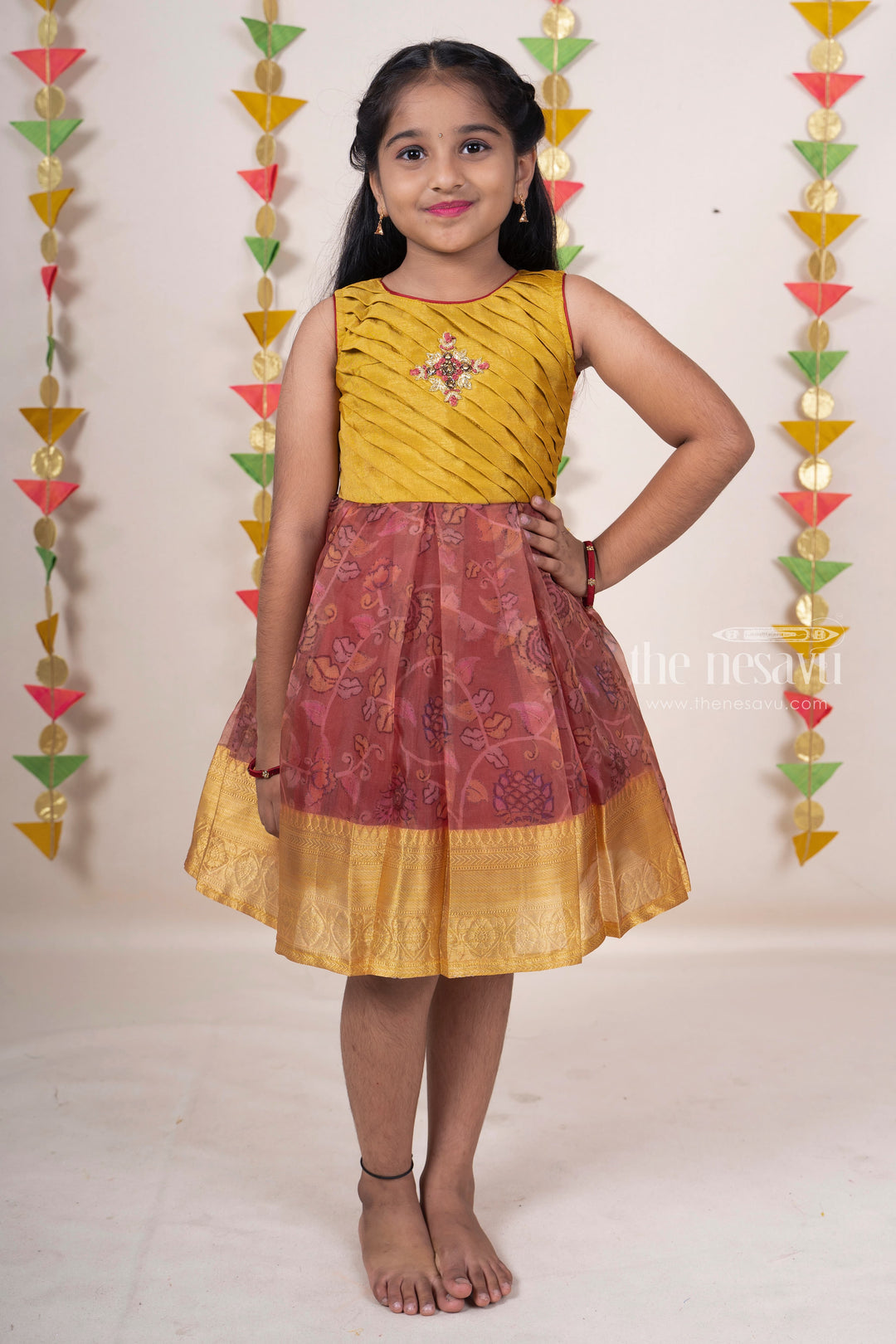 The Nesavu  Organza Kalamkari Design With Sari Border and Pleated Yoke With Embroidery psr silks Nesavu 16 (1Y) / peru SF096B
