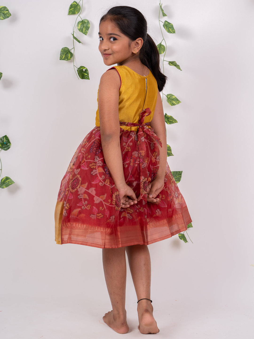 The Nesavu  Silk Frocks Organza Kalamkari Design With Sari Border and Pleated Yoke With Embroidery psr silks Nesavu