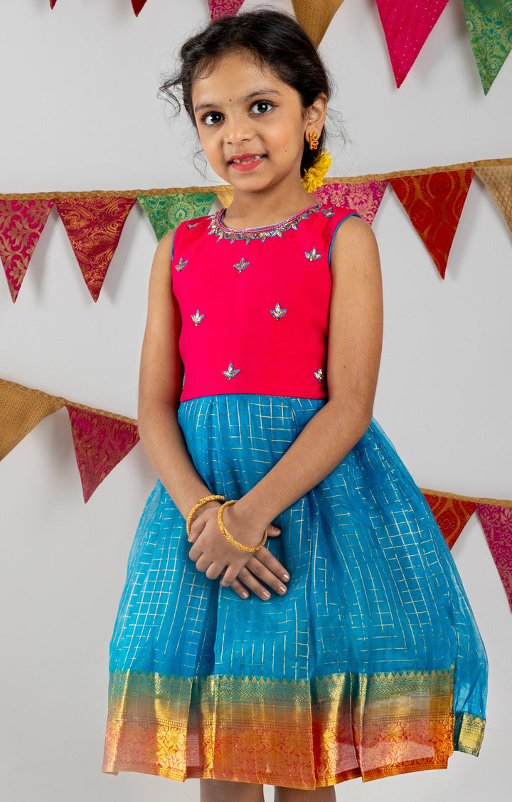 The Nesavu Silk Frocks Organza Zari Checked Silk Frock With Embroidered Neckline. psr silks Nesavu