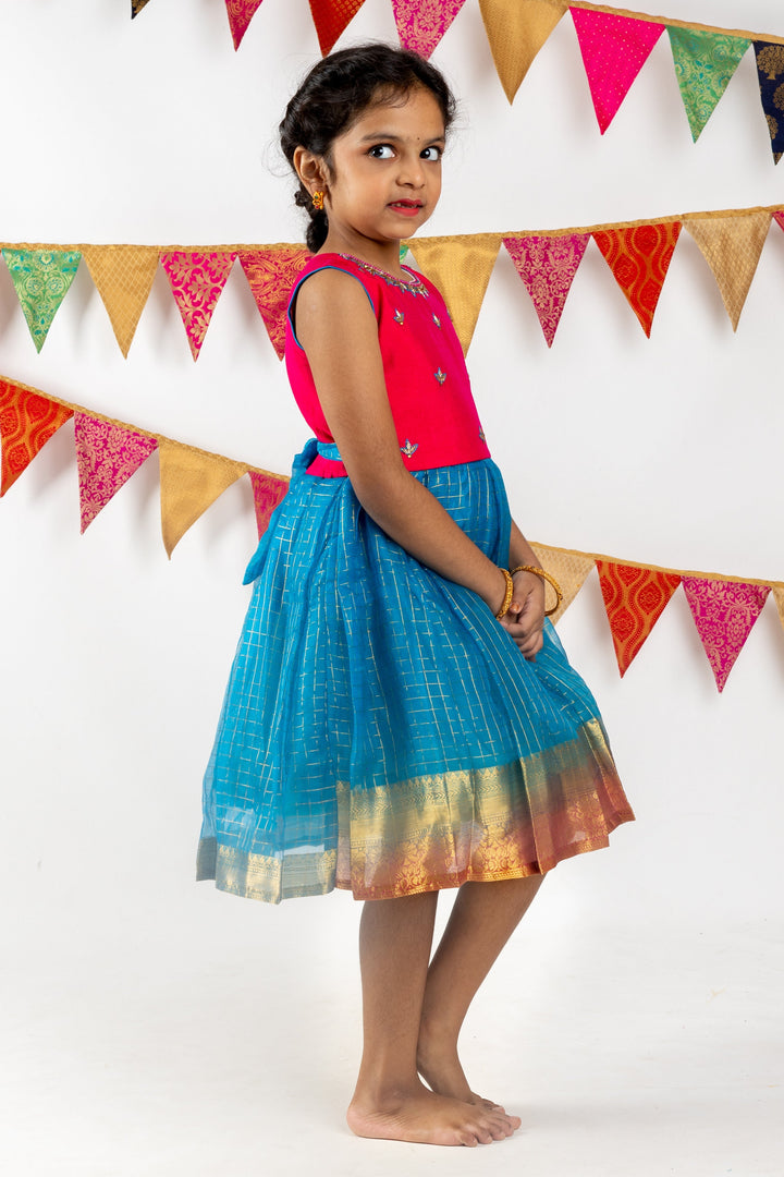 The Nesavu Silk Frocks Organza Zari Checked Silk Frock With Embroidered Neckline. psr silks Nesavu