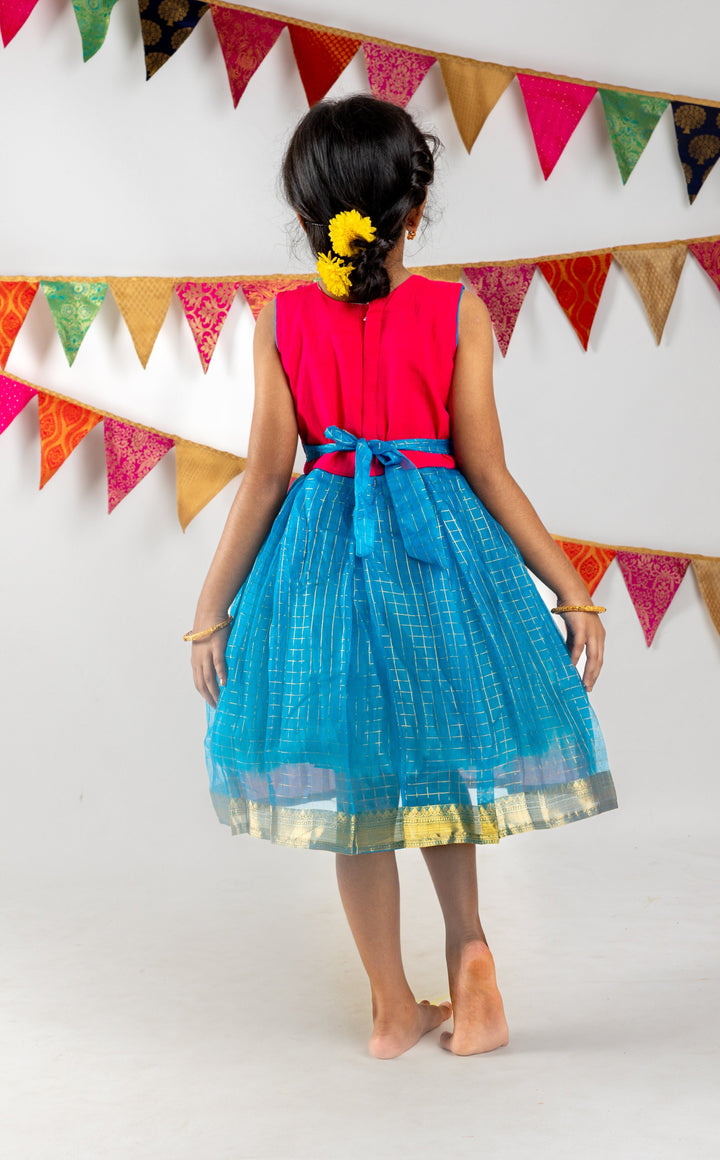 The Nesavu Silk Frocks Organza Zari Checked Silk Frock With Embroidered Neckline. psr silks Nesavu