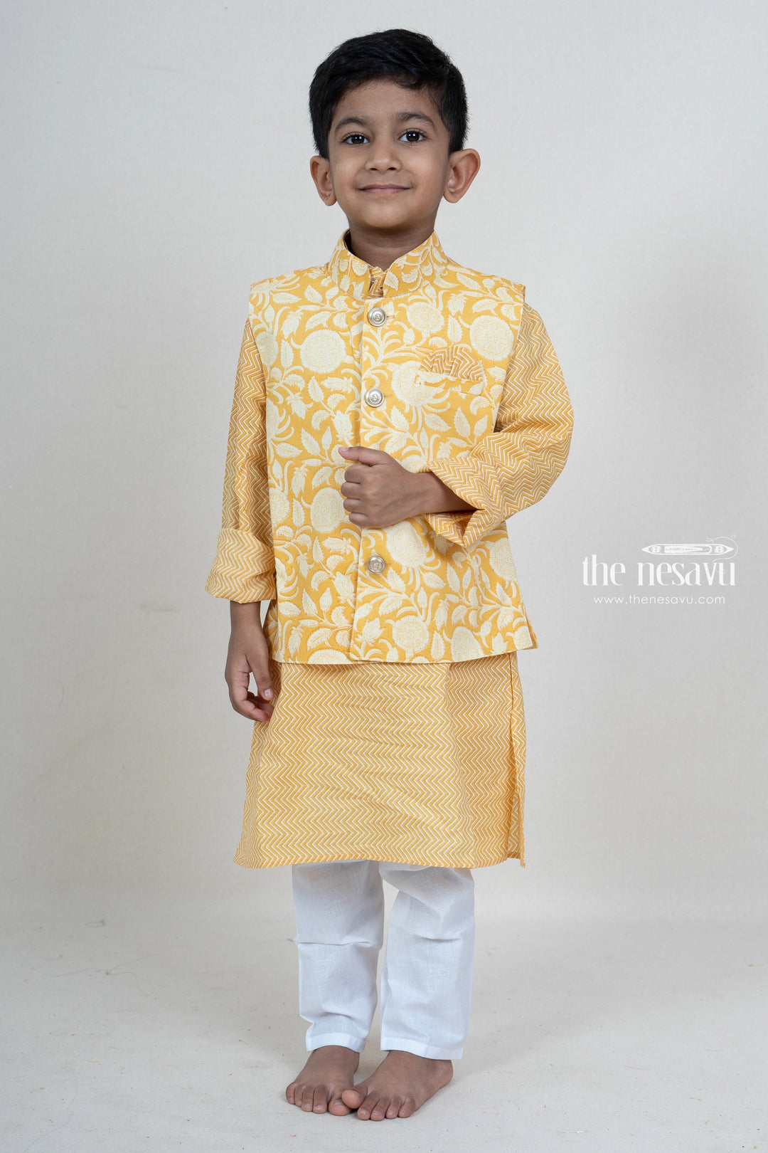 The Nesavu Ethnic Sets Pale Yellow Cotton Overcoat Attached Readymade Kurta Suit For Boys psr silks Nesavu 16 (1Y) / yellow BES215A