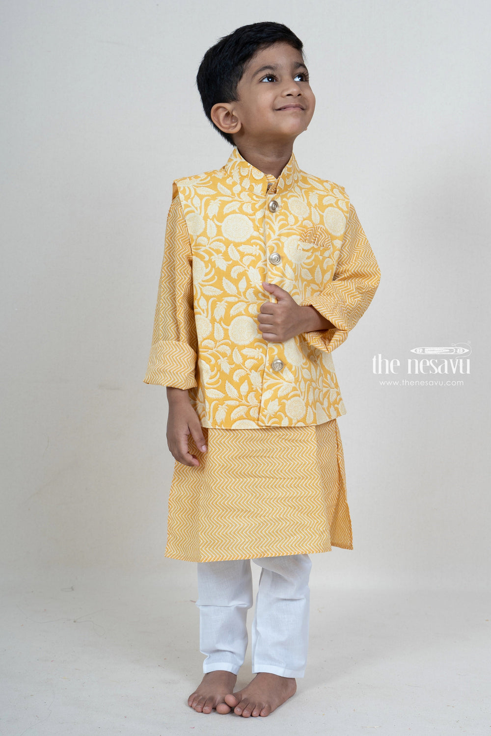 The Nesavu Ethnic Sets Pale Yellow Cotton Overcoat Attached Readymade Kurta Suit For Boys psr silks Nesavu