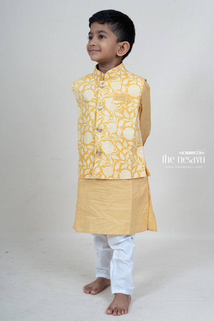 The Nesavu Ethnic Sets Pale Yellow Cotton Overcoat Attached Readymade Kurta Suit For Boys psr silks Nesavu