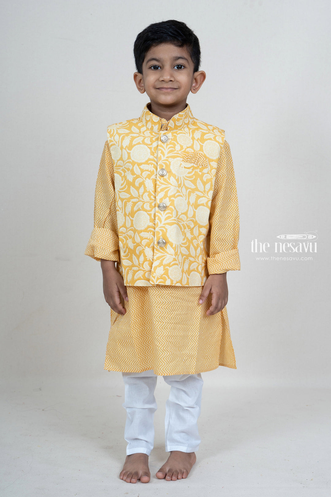 The Nesavu Ethnic Sets Pale Yellow Cotton Overcoat Attached Readymade Kurta Suit For Boys psr silks Nesavu