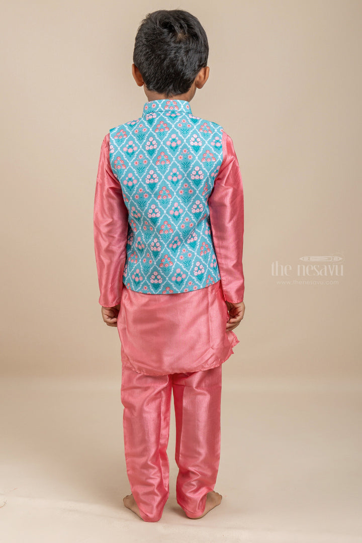 The Nesavu Ethnic Sets Party Ready - Stunning Evergreen Combo Of Pink with Sea Green Kurta Set With Overcoat For Boys psr silks Nesavu
