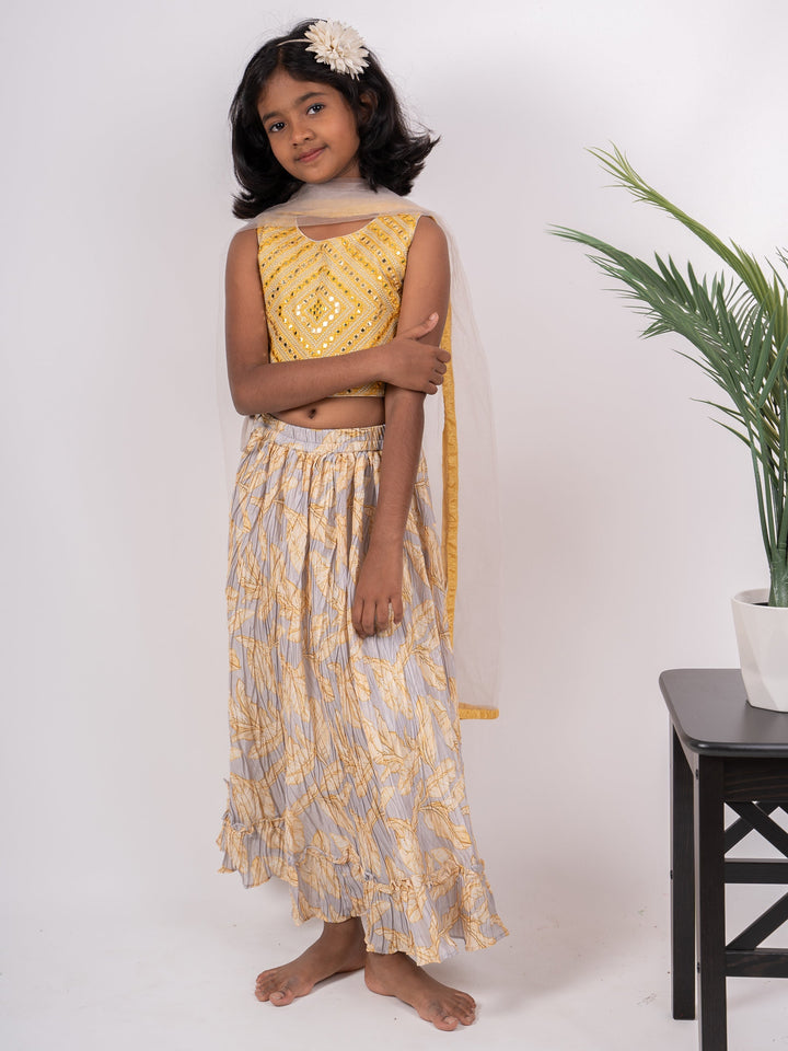 The Nesavu Lehenga & Ghagra Party Wear Trendy Lehenga For Girls With Mirror Worked Crop Top And Floral Skirt psr silks Nesavu 16 (1Y-2Y) / gold GL187