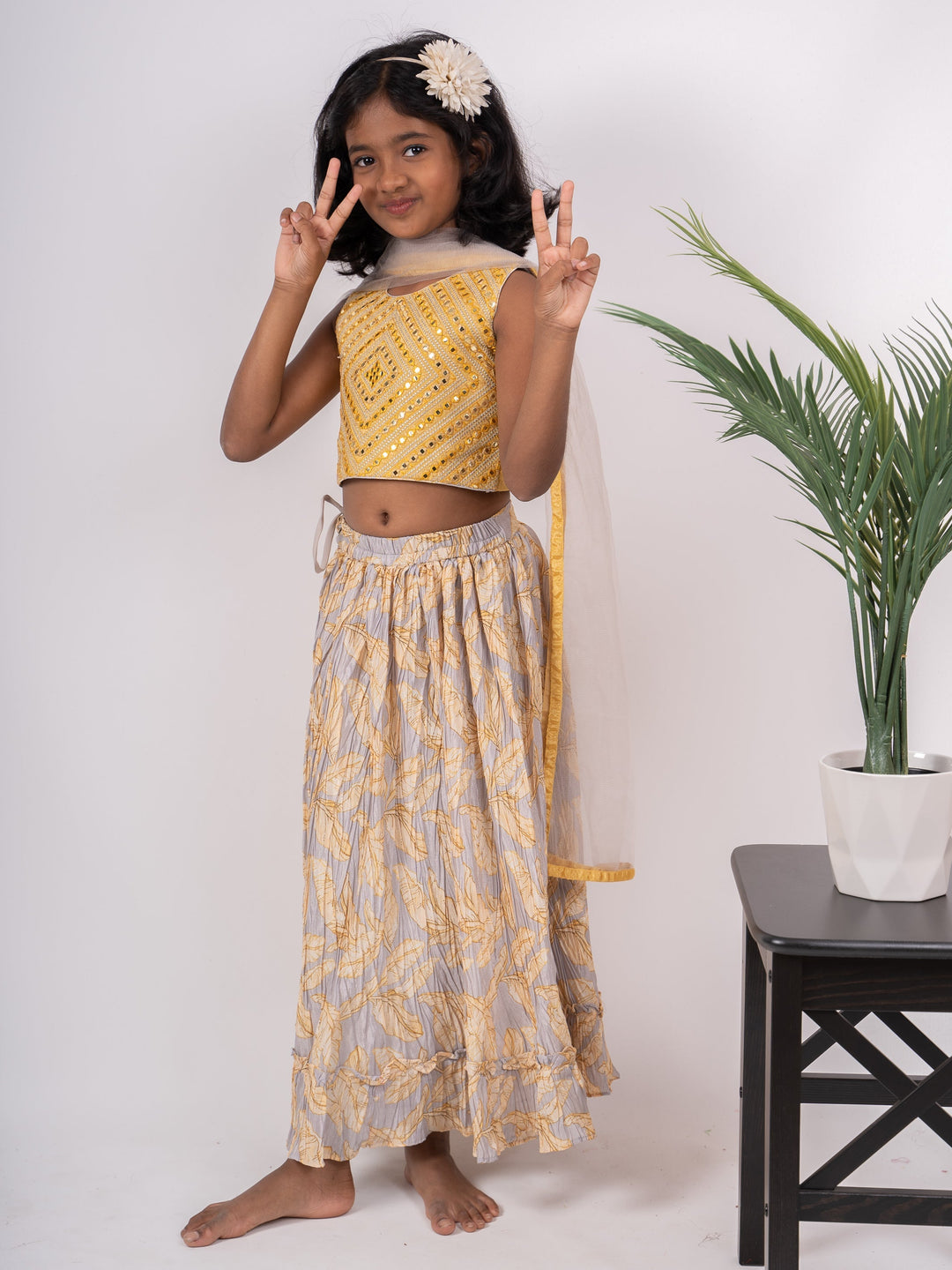 The Nesavu Lehenga & Ghagra Party Wear Trendy Lehenga For Girls With Mirror Worked Crop Top And Floral Skirt psr silks Nesavu