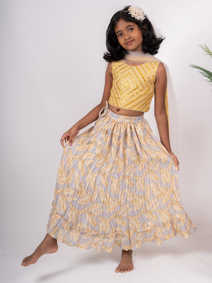 The Nesavu Lehenga & Ghagra Party Wear Trendy Lehenga For Girls With Mirror Worked Crop Top And Floral Skirt psr silks Nesavu