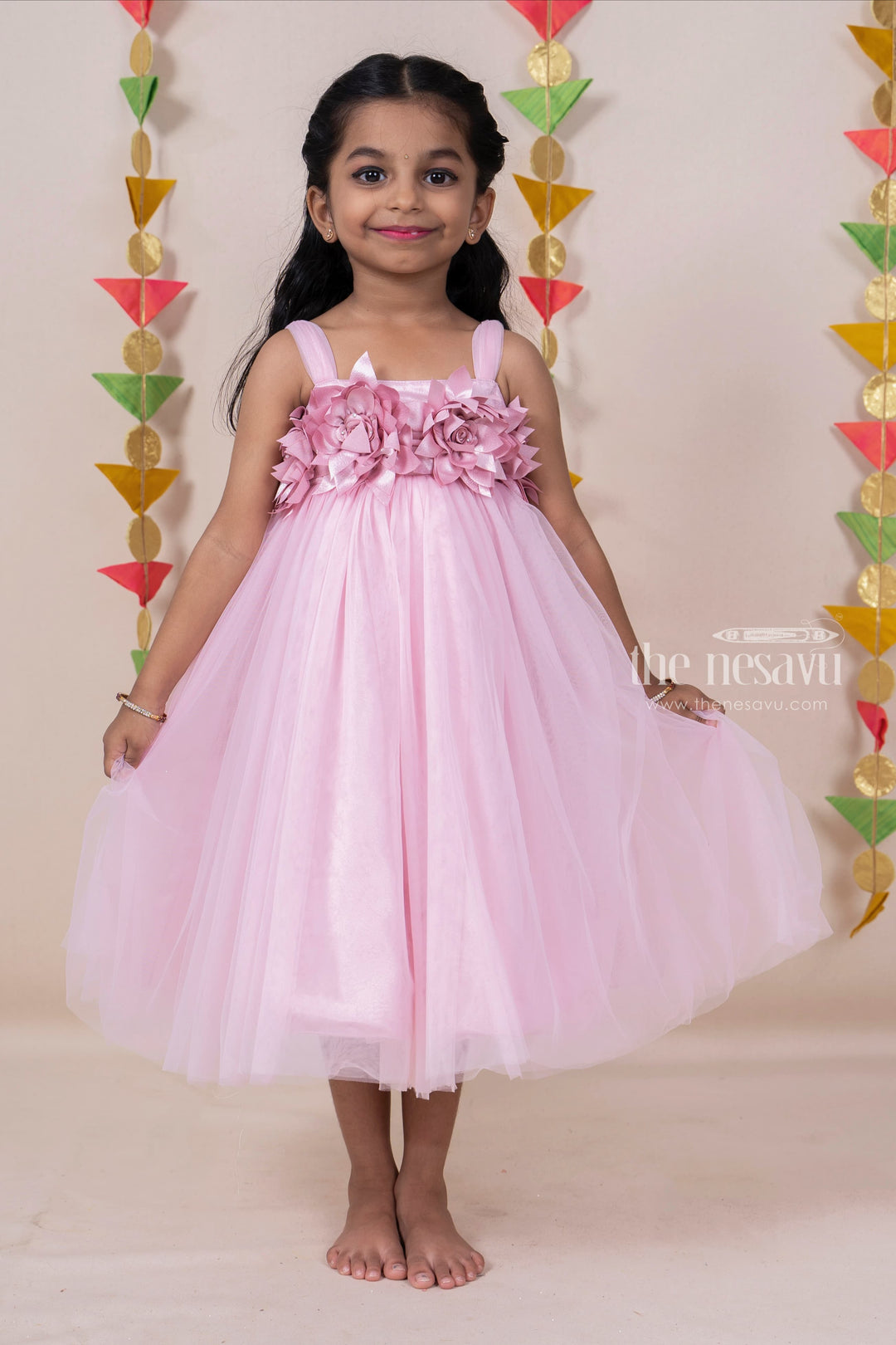 The Nesavu Party Frock Pastel Coral Pink Soft Net Party Wear For Baby Girls With Floral Embellishments psr silks Nesavu 24 (5Y) / rosybrown PF57A